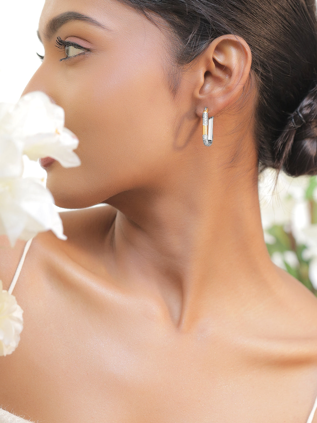 Two Tone Oval Pave Hoop Earrings White