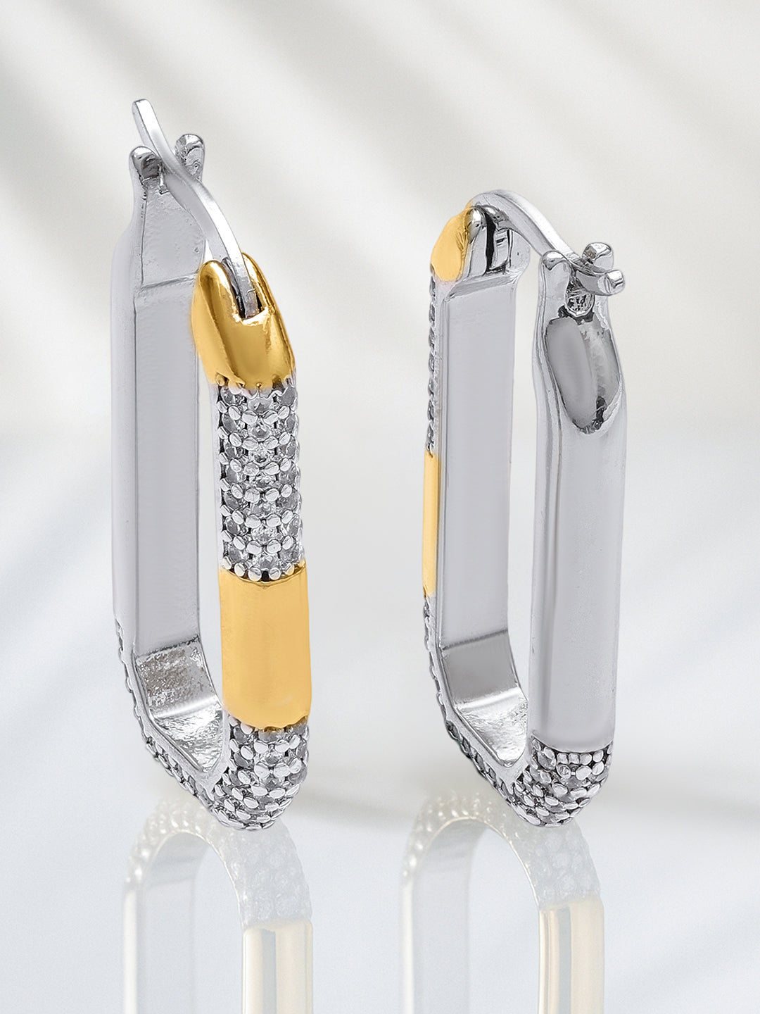 Two Tone Oval Pave Hoop Earrings White