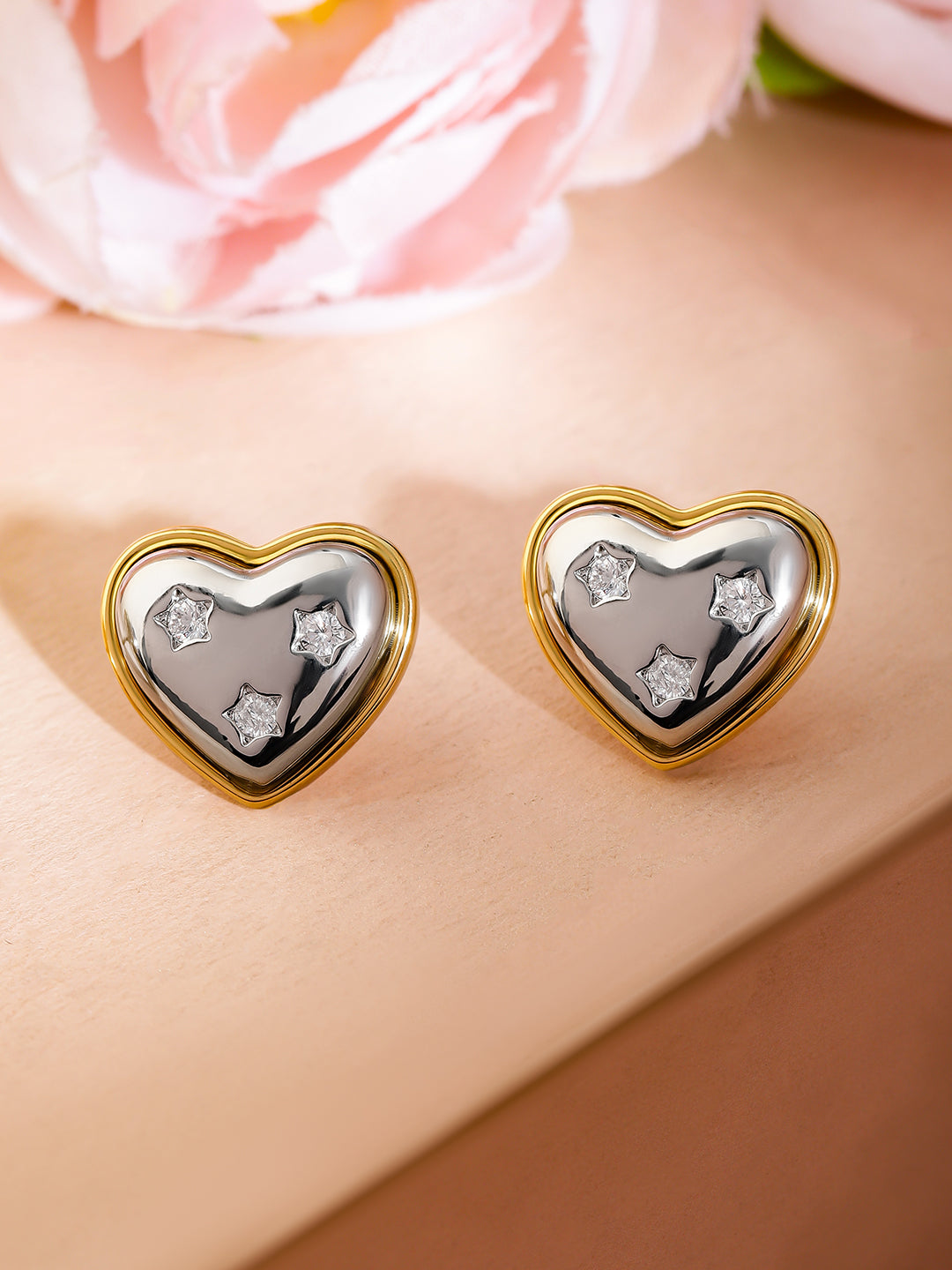 Two-Toned Heart Stud Earrings Silver