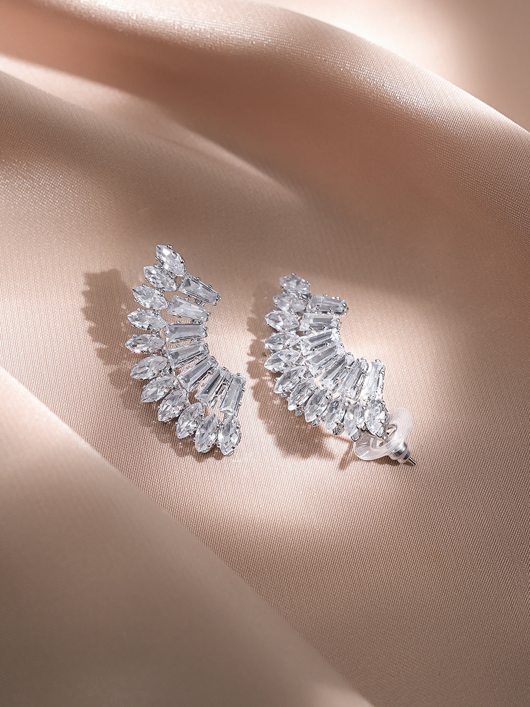 Rubans Voguish Rhodium Plated Crystal Cubic Zirconia Crescent Stud Earrings フリーサイズ