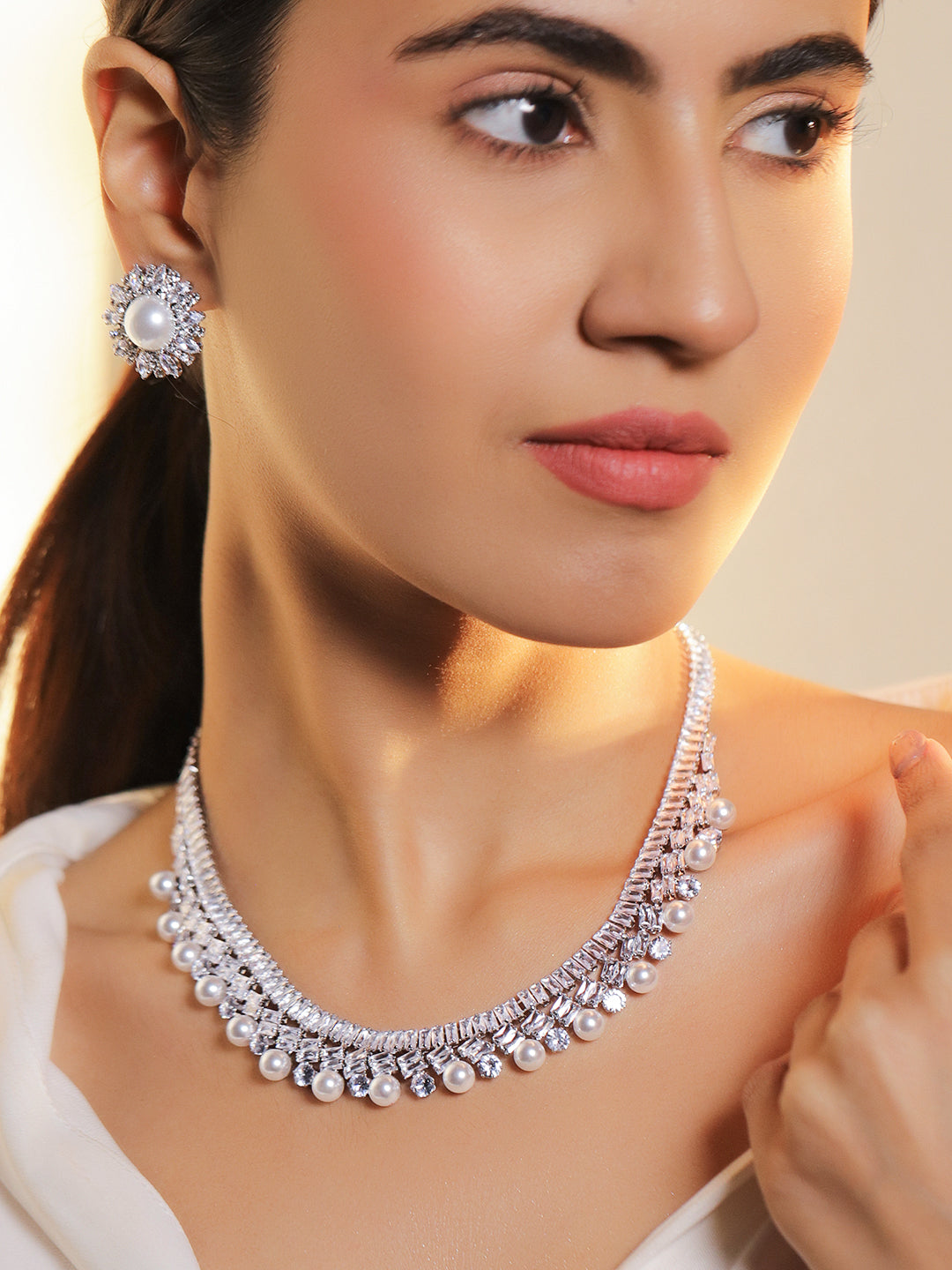 Crystal & Pearl Embellished Necklace Set フリーサイズ