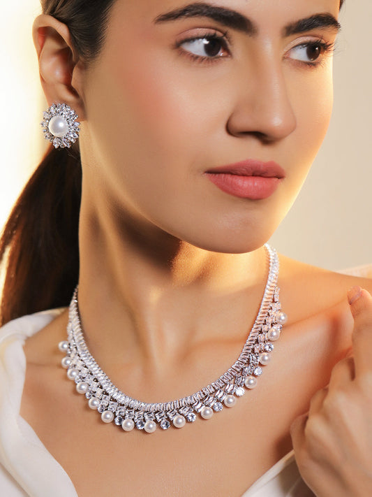 Crystal & Pearl Embellished Necklace Set フリーサイズ