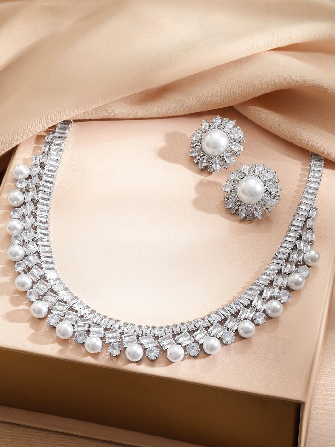 Crystal & Pearl Embellished Necklace Set フリーサイズ