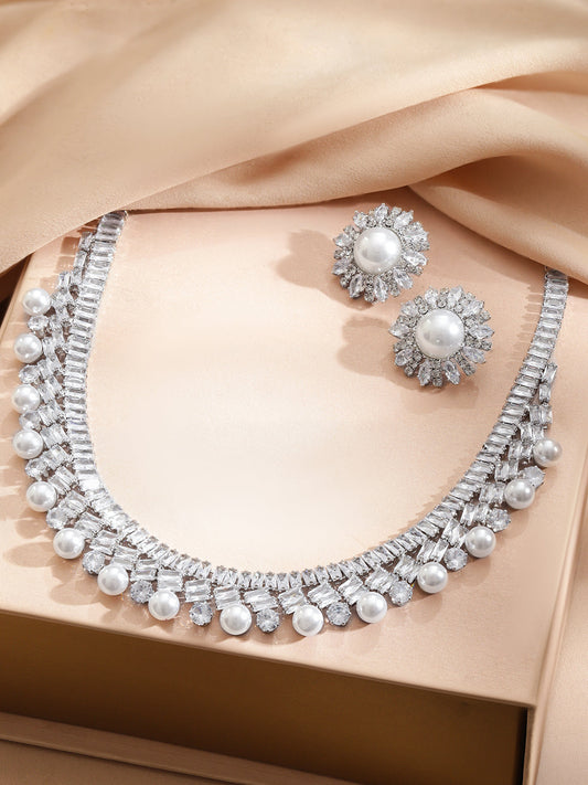 Crystal & Pearl Embellished Necklace Set フリーサイズ