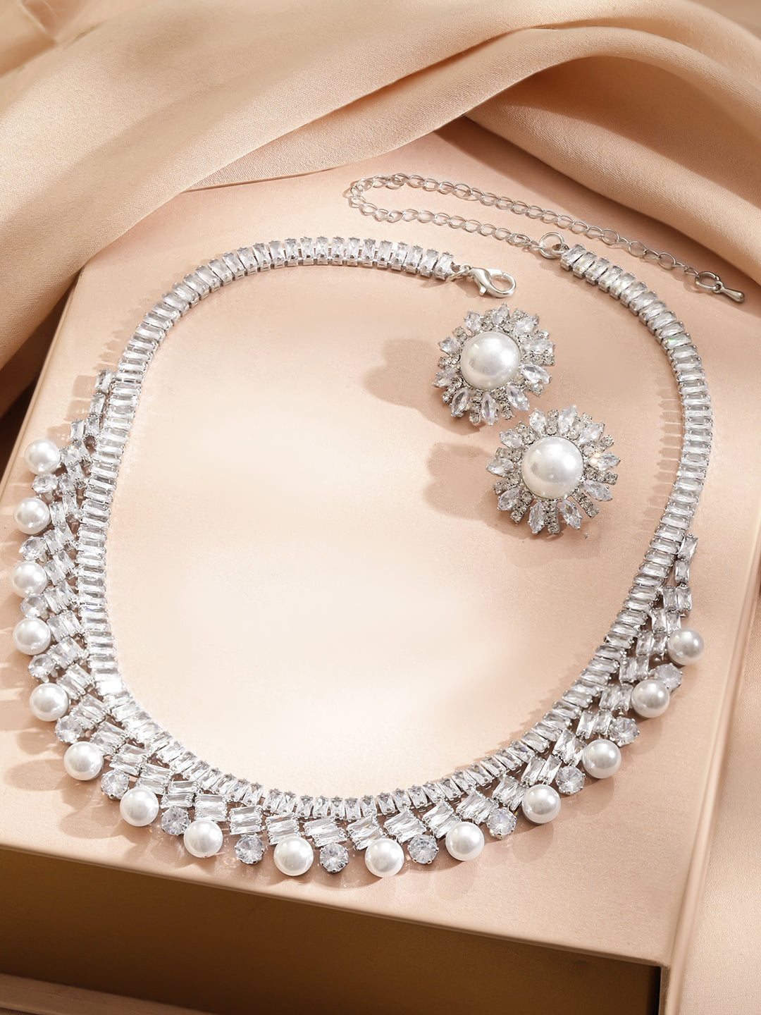 Crystal & Pearl Embellished Necklace Set フリーサイズ