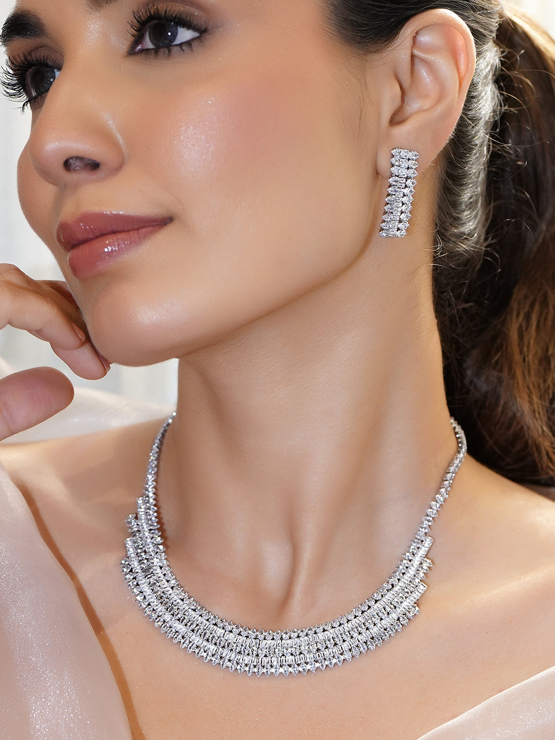 American Diamond Zirconia Embellished Necklace Set フリーサイズ