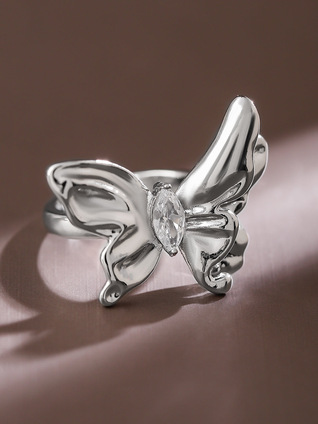 Rubans Voguish Rhodium-Plated Butterfly Design Statement Adjustable Ring Silver