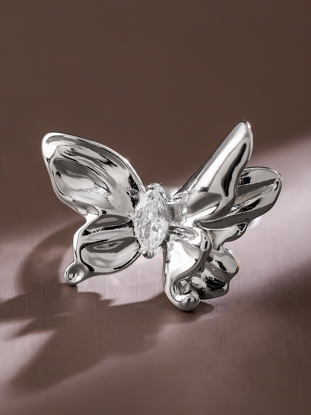 Rubans Voguish Rhodium-Plated Butterfly Design Statement Adjustable Ring Silver