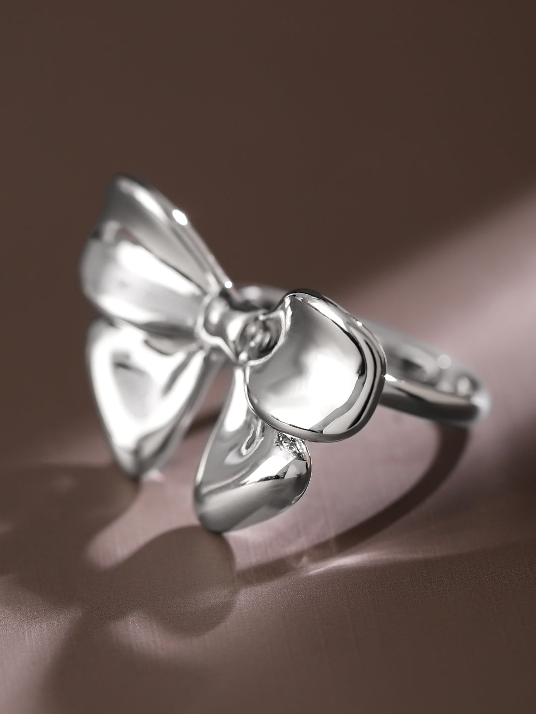 Rubans Voguish Rhodium-Plated Statement Bow Adjustable Ring Silver