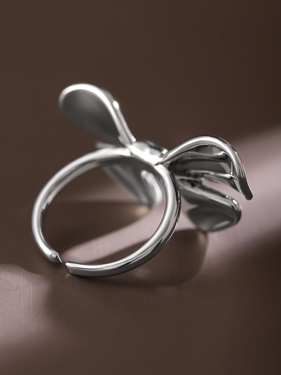 Rubans Voguish Rhodium-Plated Statement Bow Adjustable Ring Silver