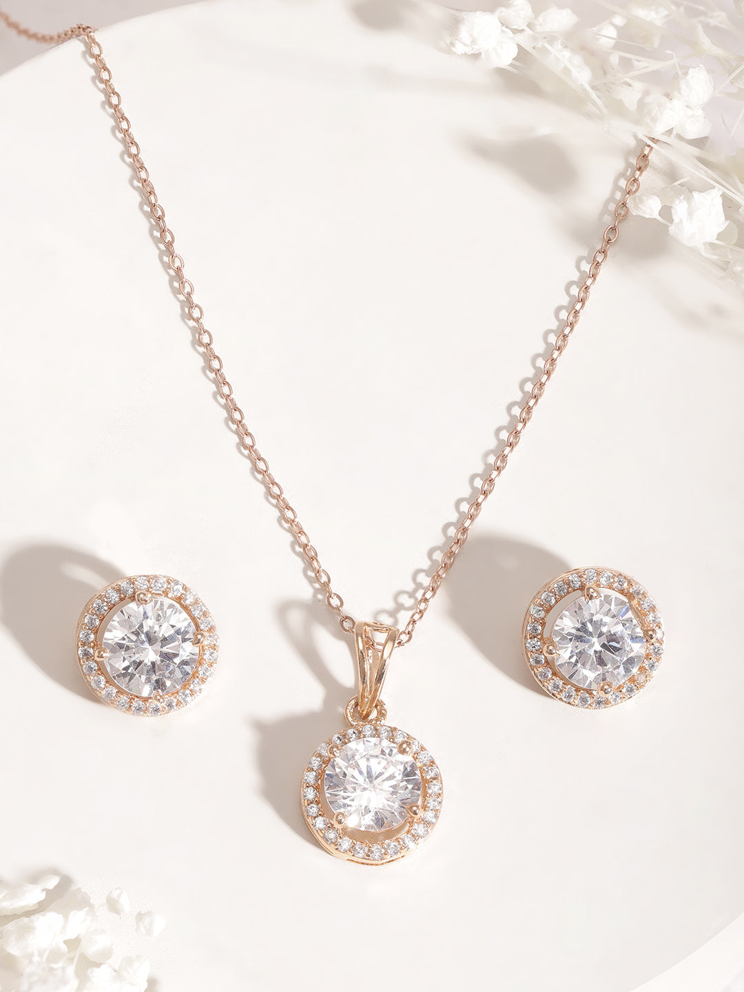 Gold Floral Necklace Set In American Diamond Zirconia Gold