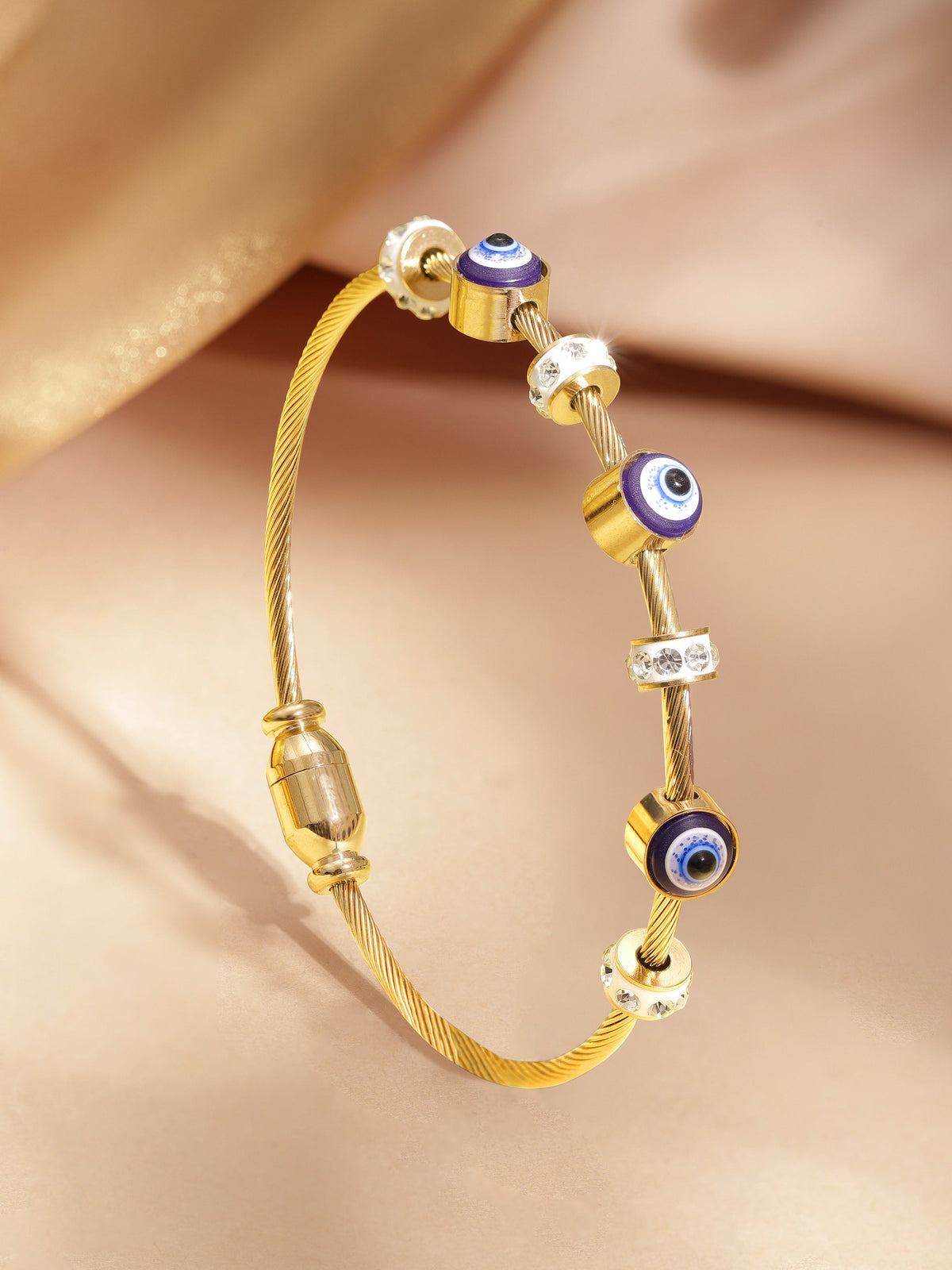 18K Gold-Plated Stainless Steel Tarnish-Free Waterproof CZ Studded Evil Eye Charm Bracelet Gold
