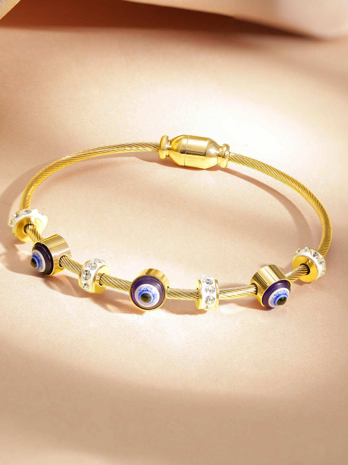18K Gold-Plated Stainless Steel Tarnish-Free Waterproof CZ Studded Evil Eye Charm Bracelet Gold