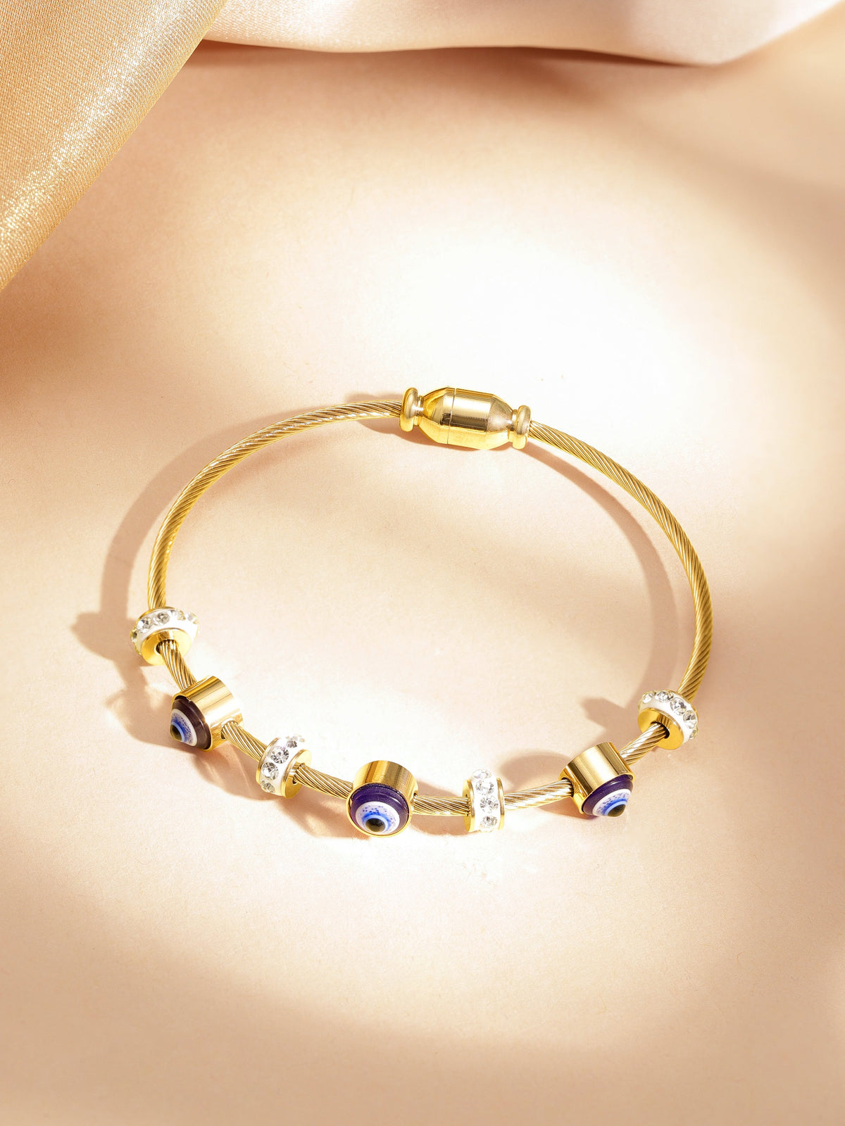 18K Gold-Plated Stainless Steel Tarnish-Free Waterproof CZ Studded Evil Eye Charm Bracelet Gold