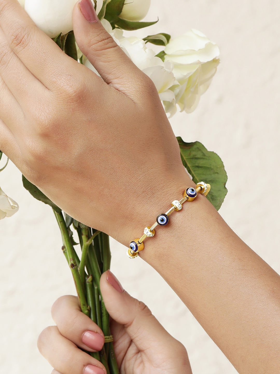 18K Gold-Plated Stainless Steel Tarnish-Free Waterproof CZ Studded Evil Eye Charm Bracelet Gold