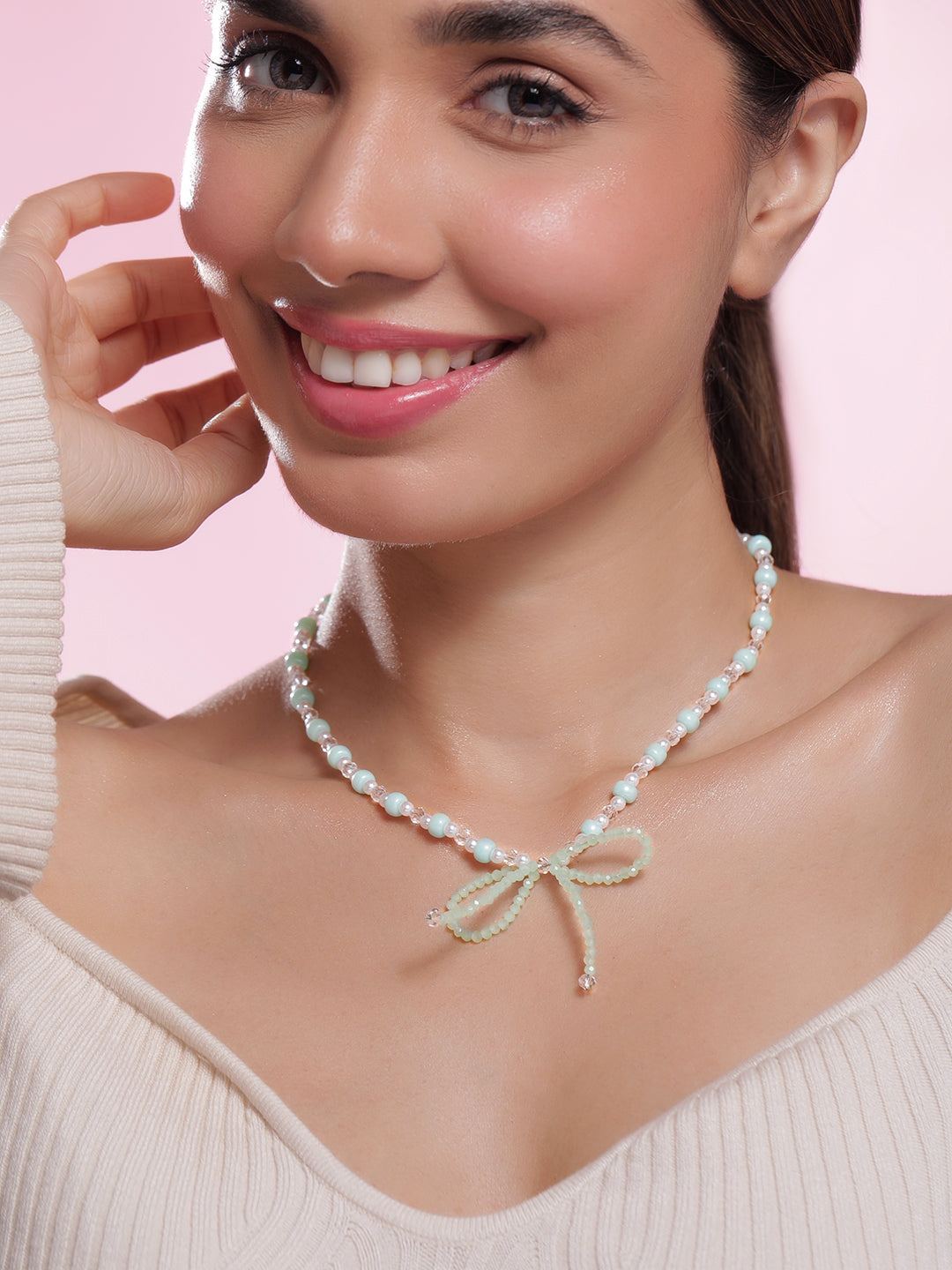 Enamoured Pearl Necklace with Bow Charm Silver