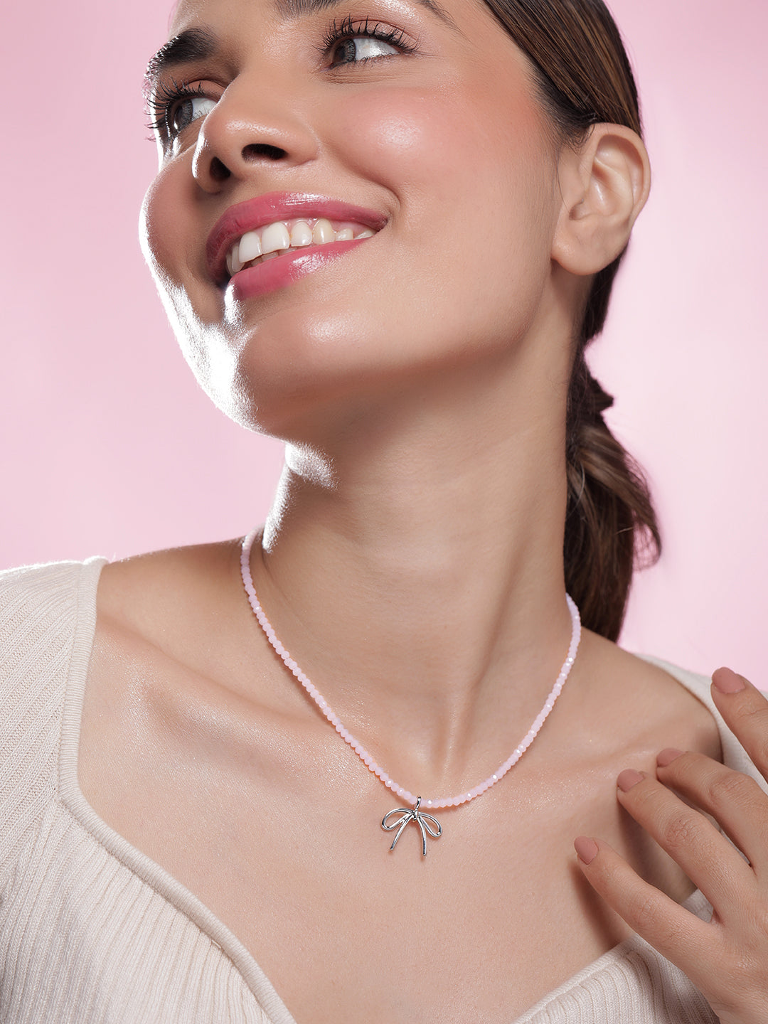 Soft Pink Necklace with Cute Bow Silver