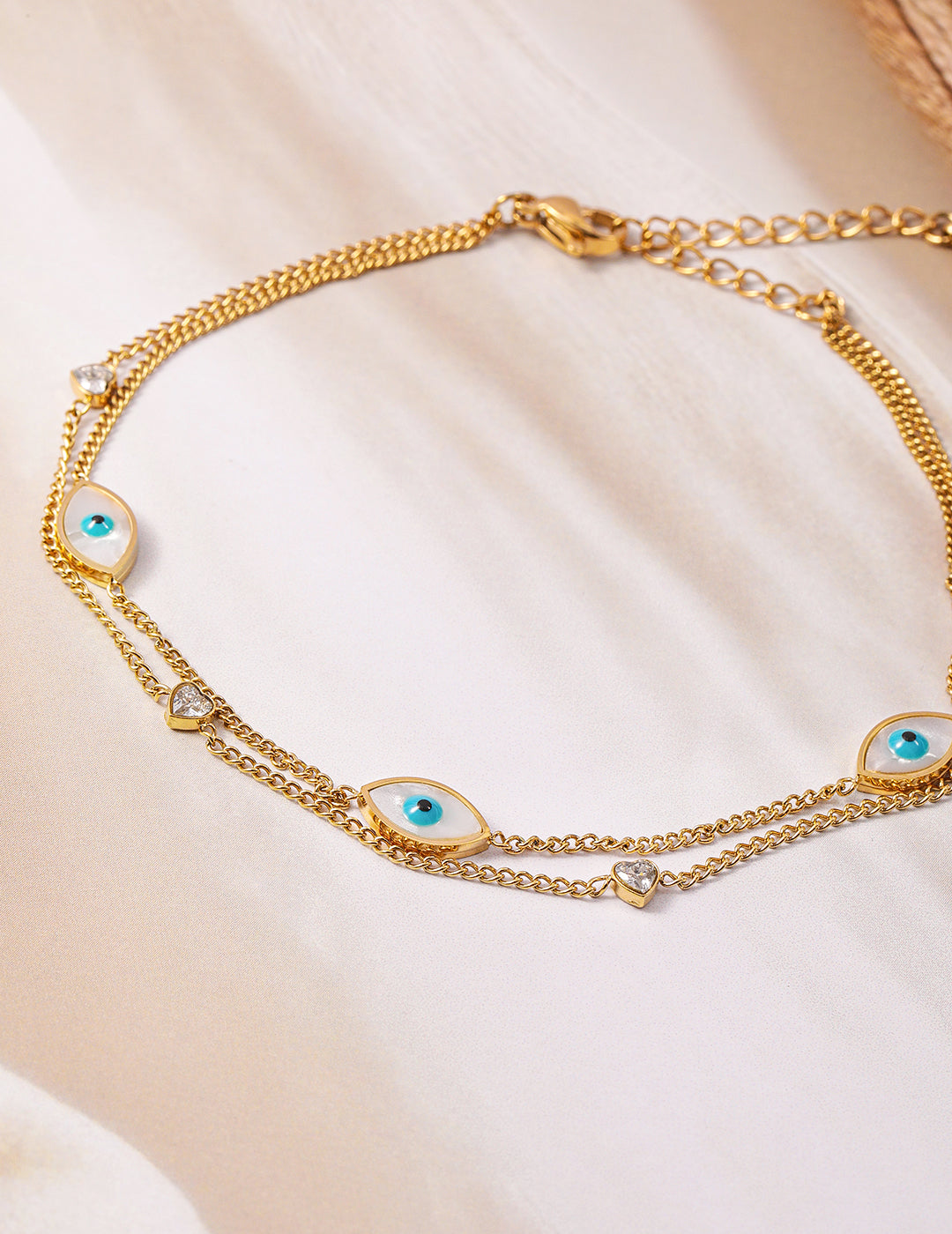 【Rubans】 18K Gold Plated Stainless Steel Tarnish-Free Waterproof Evil Eye & Heart Charm Anklet｜18K ゴールドメッキ ステンレス イーヴィルアイ＆ハート チャーム アンクレット