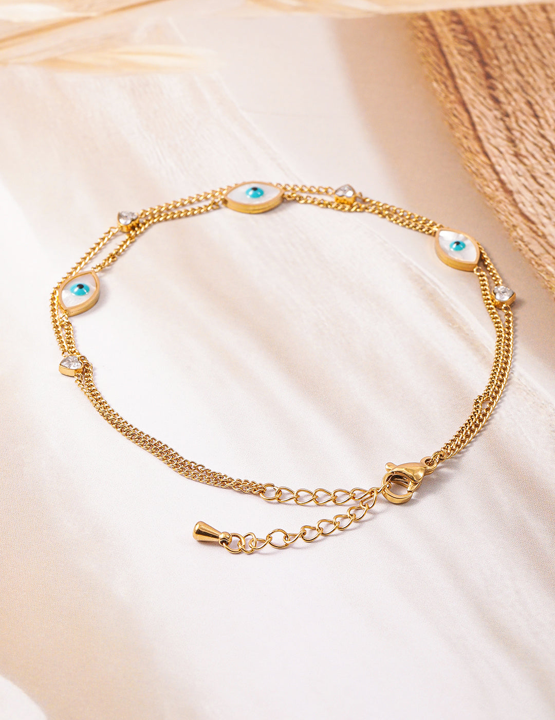 【Rubans】 18K Gold Plated Stainless Steel Tarnish-Free Waterproof Evil Eye & Heart Charm Anklet｜18K ゴールドメッキ ステンレス イーヴィルアイ＆ハート チャーム アンクレット