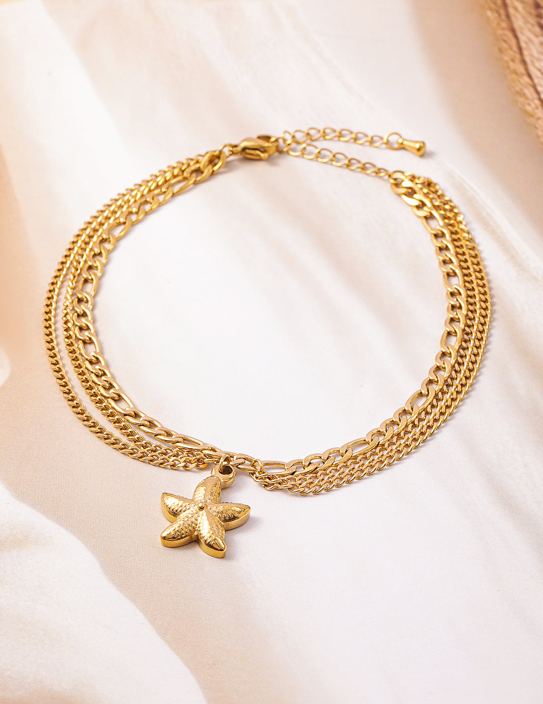 18K Gold Plated Stainless Steel Tarnish-Free Waterproof Multilayer Starfish Charm Anklet Gold