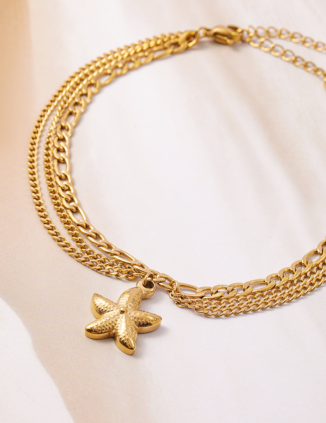 18K Gold Plated Stainless Steel Tarnish-Free Waterproof Multilayer Starfish Charm Anklet Gold