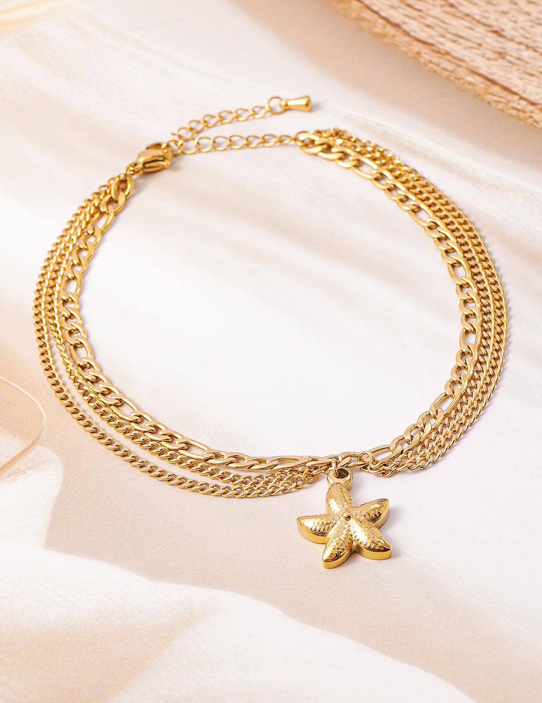 18K Gold Plated Stainless Steel Tarnish-Free Waterproof Multilayer Starfish Charm Anklet Gold