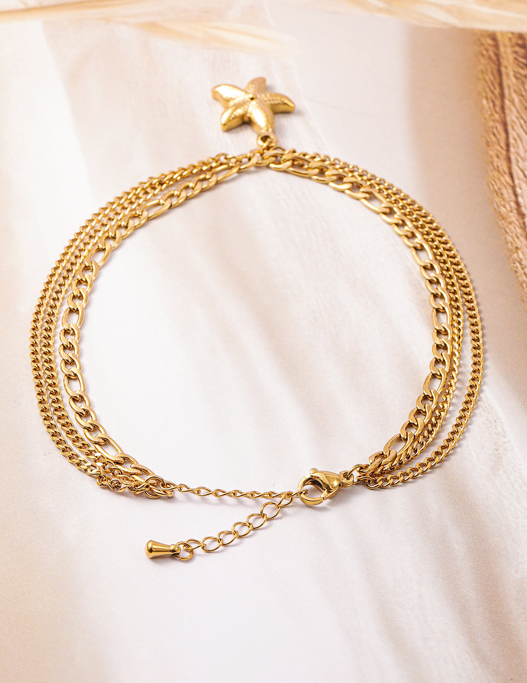 18K Gold Plated Stainless Steel Tarnish-Free Waterproof Multilayer Starfish Charm Anklet Gold
