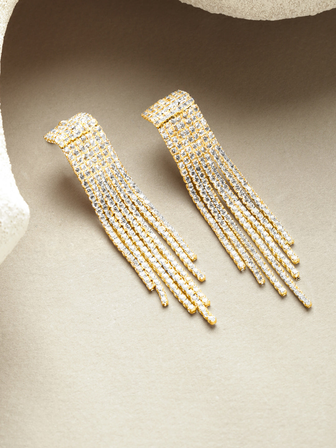 Crystal Studded Gold Toned Tassel Dangler Earrings フリーサイズ