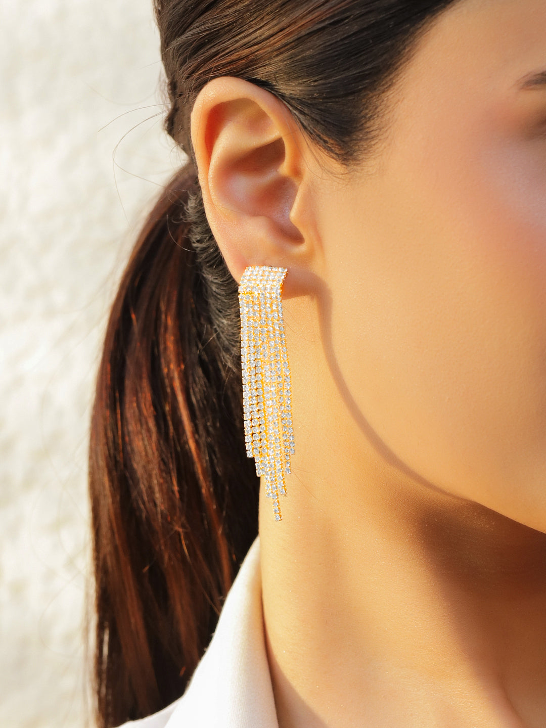 Crystal Studded Gold Toned Tassel Dangler Earrings フリーサイズ