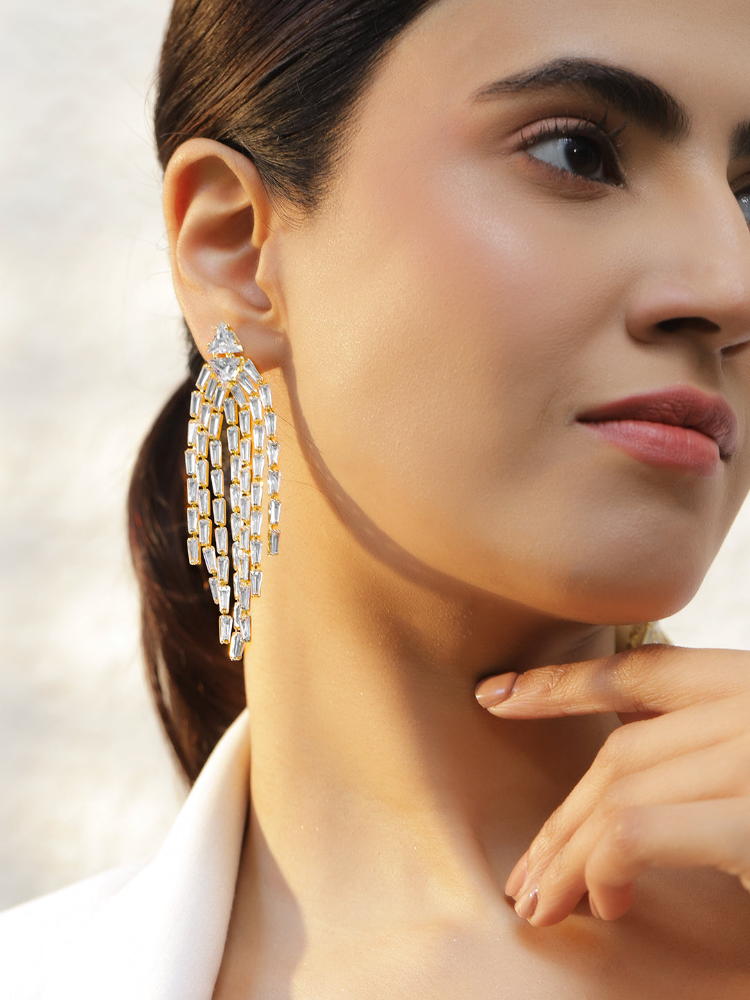 Crystal Drops Gold Toned Dangler Earrings フリーサイズ