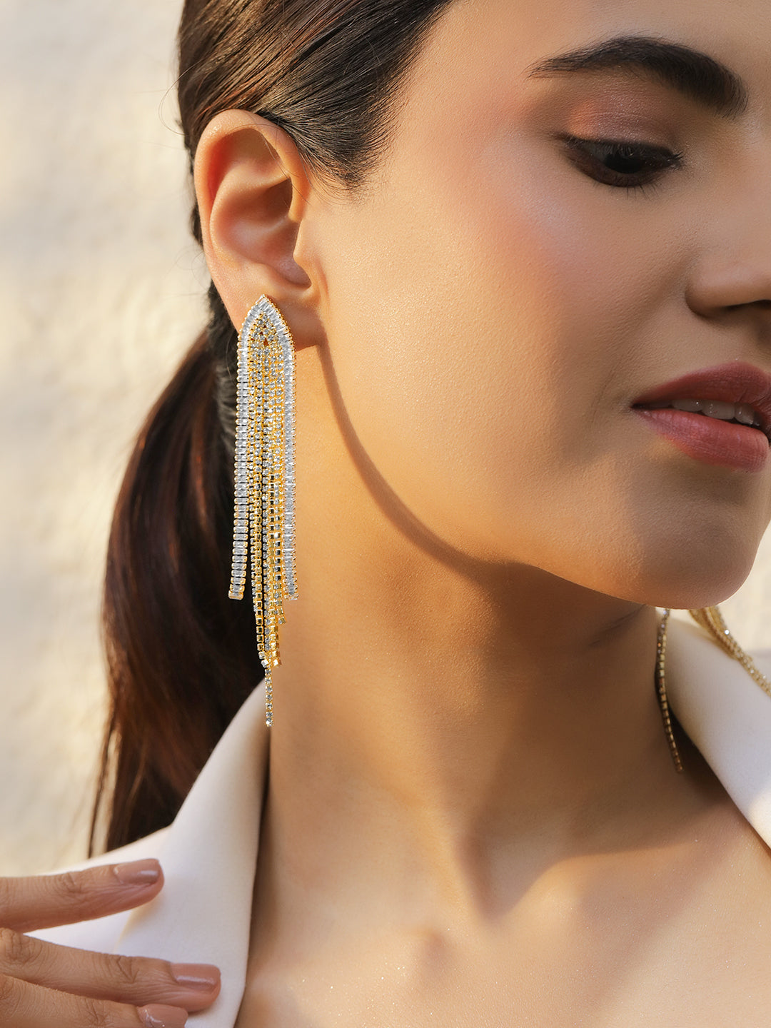 Gold Toned Crystal Studded Tassel Dangler Earrings フリーサイズ
