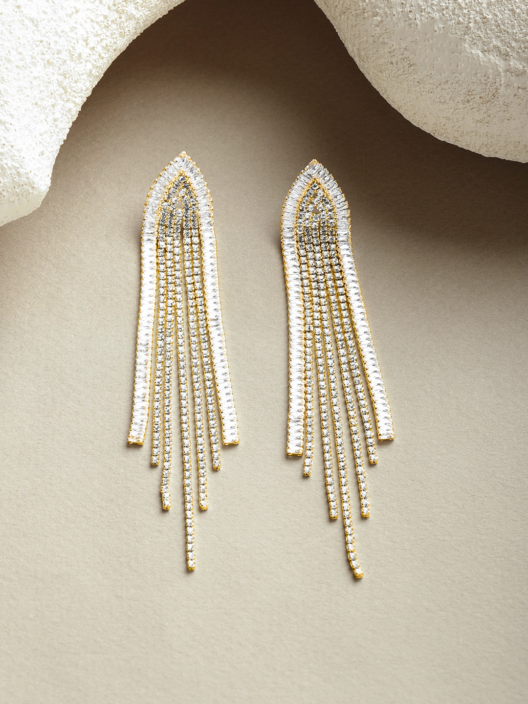Gold Toned Crystal Studded Tassel Dangler Earrings フリーサイズ