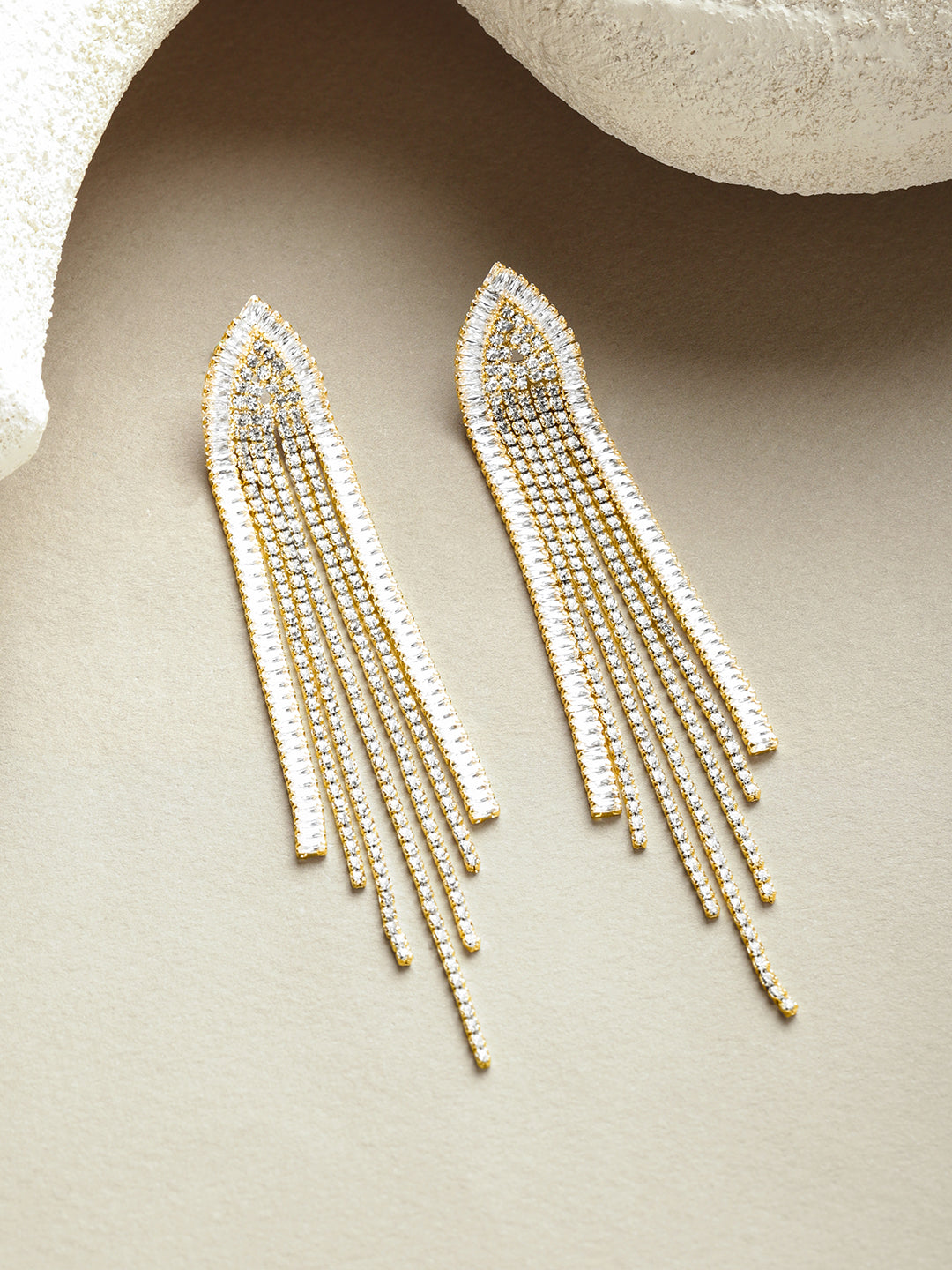 Gold Toned Crystal Studded Tassel Dangler Earrings フリーサイズ