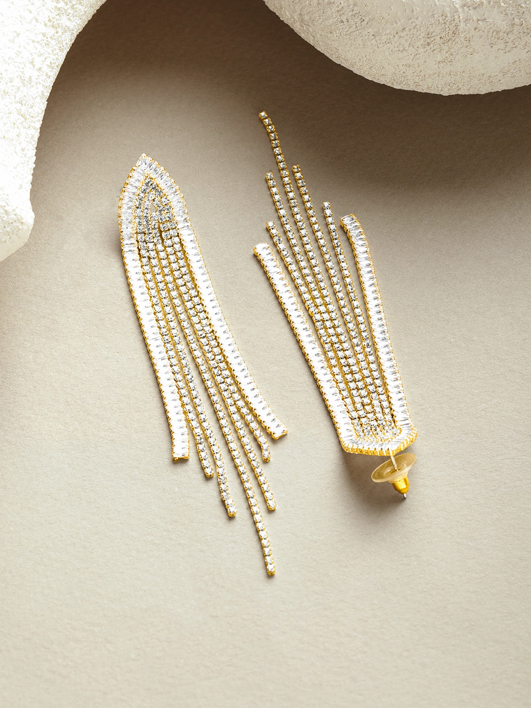 Gold Toned Crystal Studded Tassel Dangler Earrings フリーサイズ