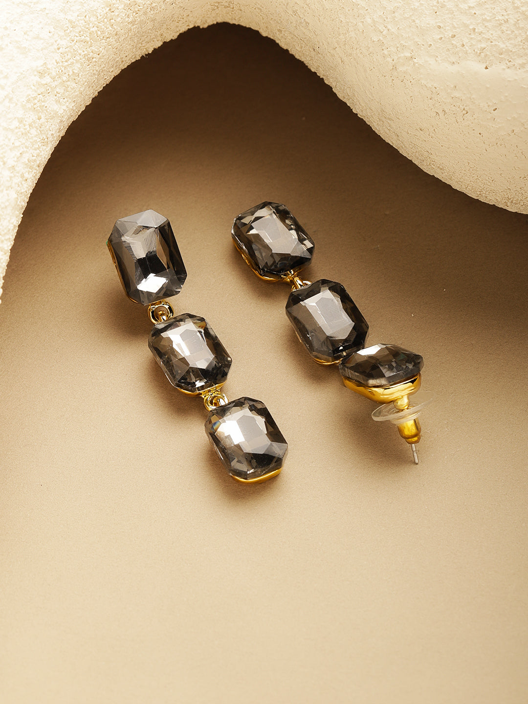 Gold Toned Grey Crystal Dangler Earrings フリーサイズ
