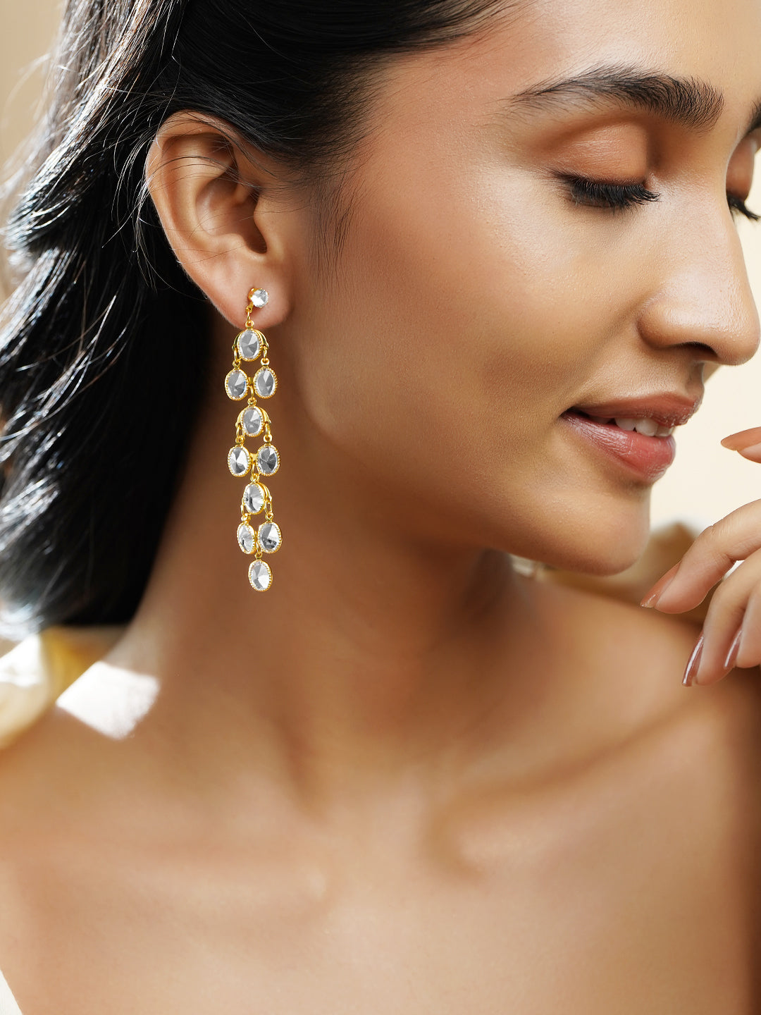 Rubans 18K Gold-Plated Clear Crystal Cascade Design Long Dangler Earrings フリーサイズ