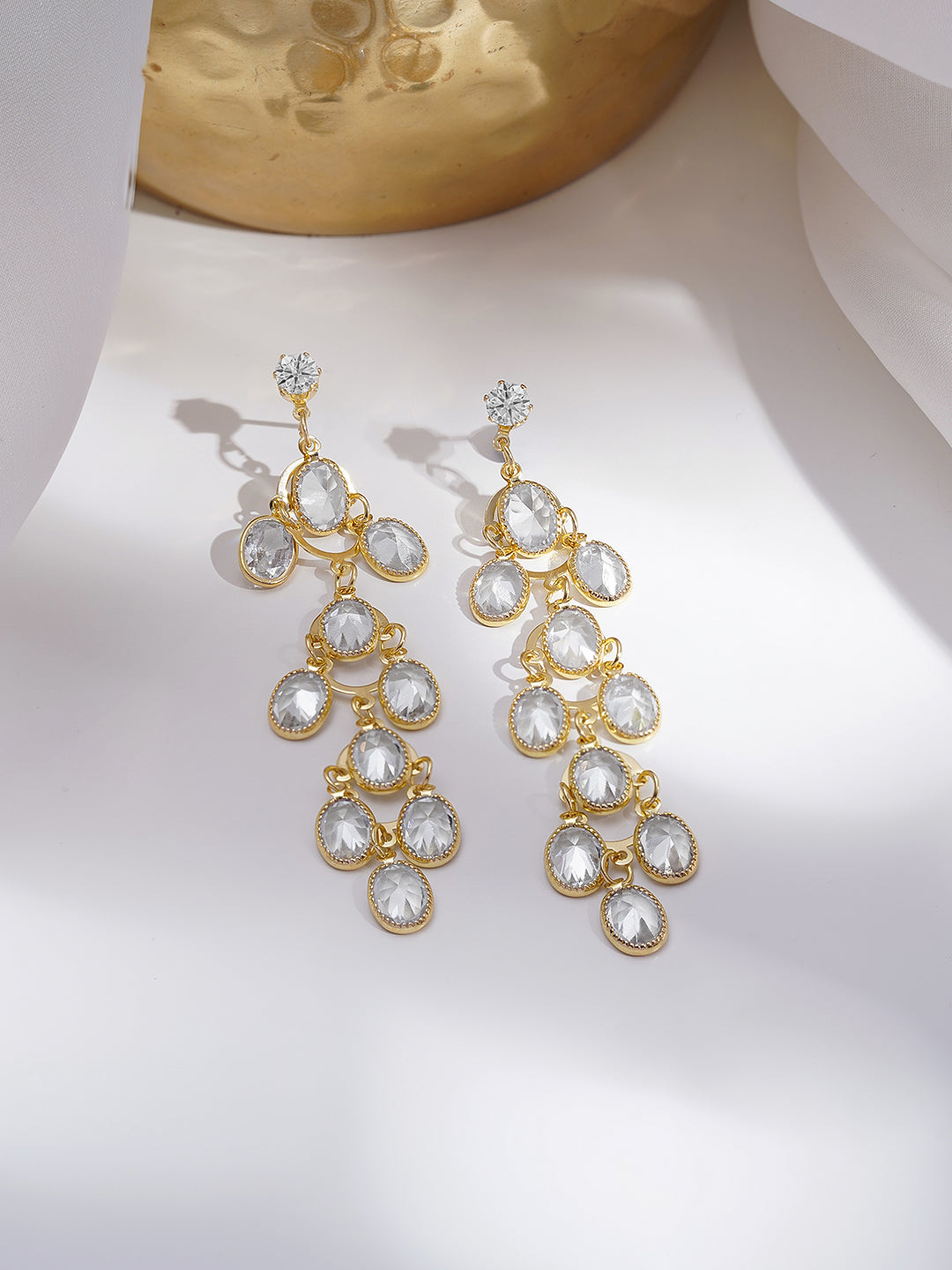 Rubans 18K Gold-Plated Clear Crystal Cascade Design Long Dangler Earrings フリーサイズ