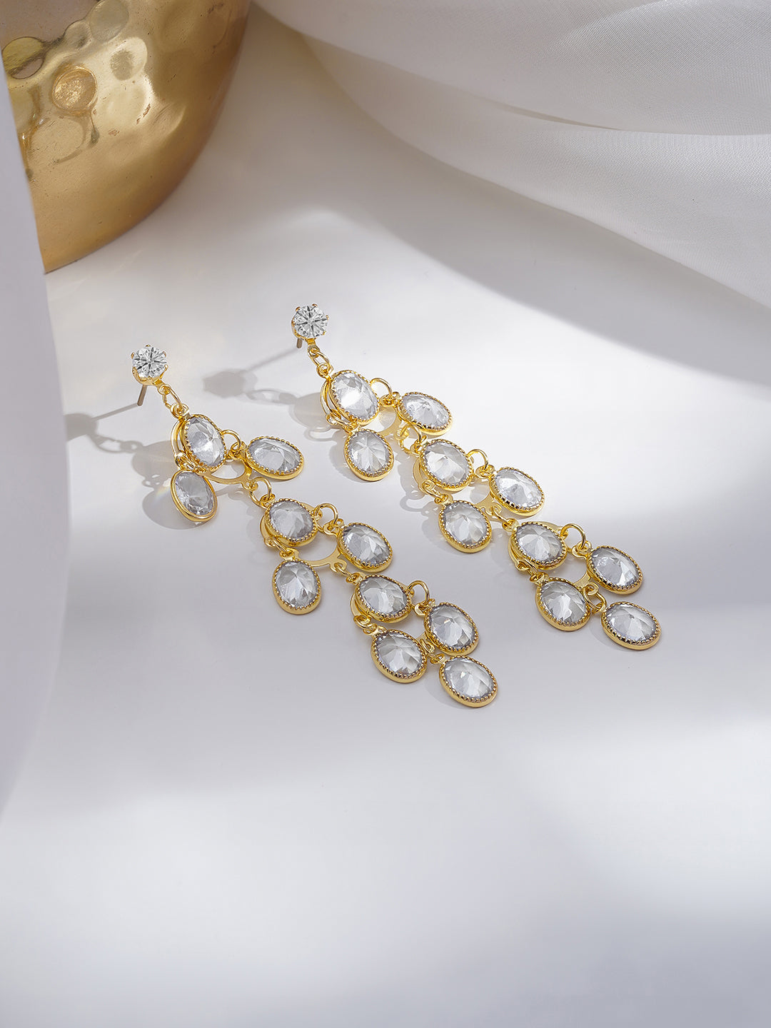 Rubans 18K Gold-Plated Clear Crystal Cascade Design Long Dangler Earrings フリーサイズ