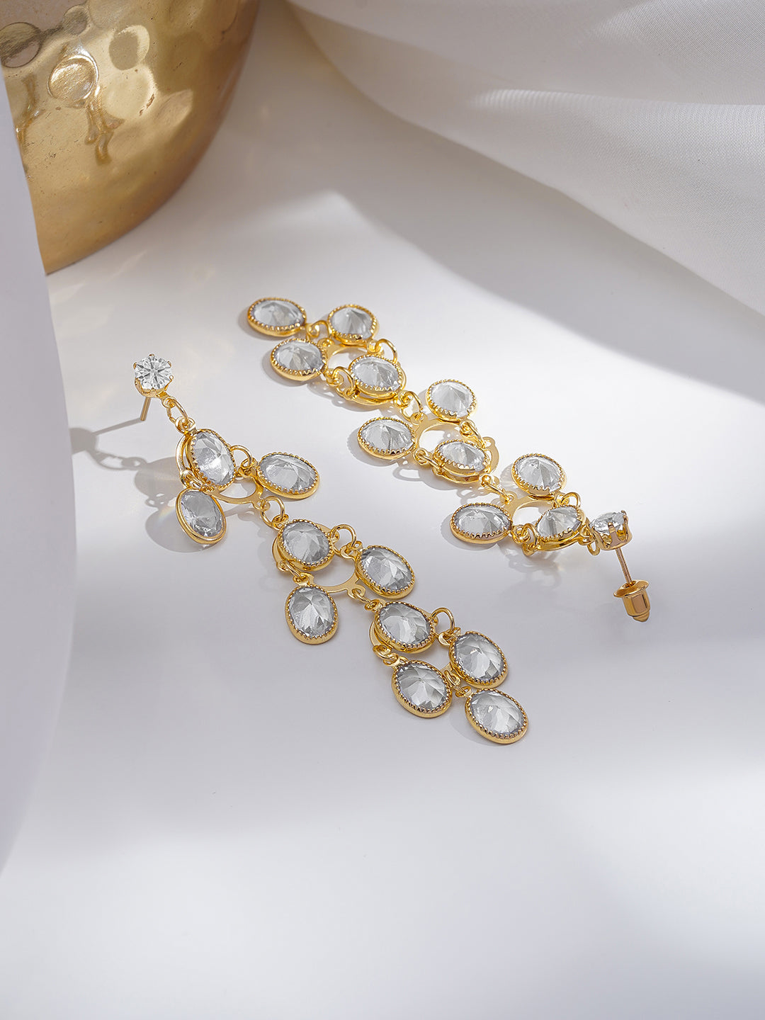 Rubans 18K Gold-Plated Clear Crystal Cascade Design Long Dangler Earrings フリーサイズ