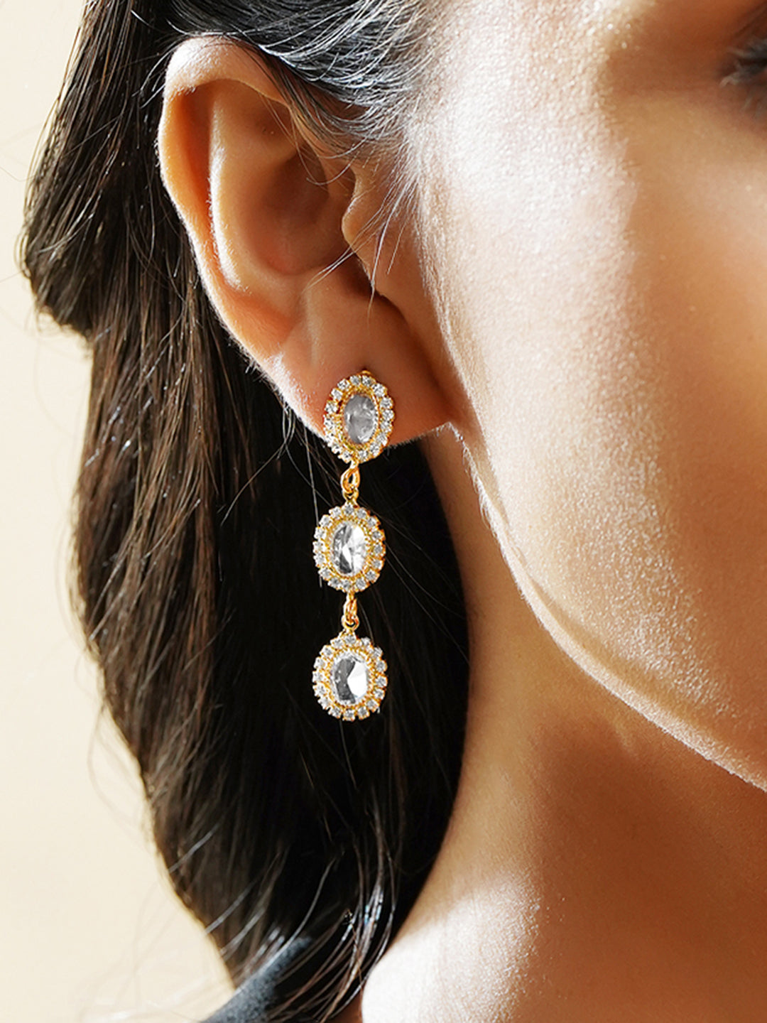 Rubans Voguish 18K Gold-Plated Clear Cubic Zirconia Triple Drop Dangler Earrings フリーサイズ