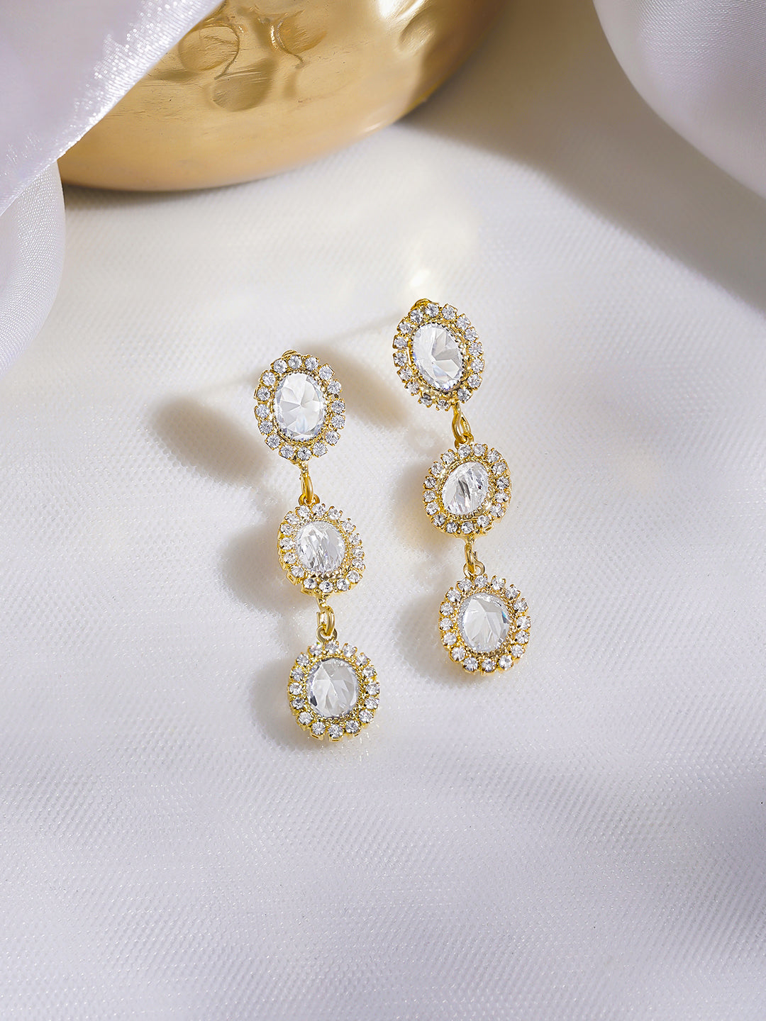 Rubans Voguish 18K Gold-Plated Clear Cubic Zirconia Triple Drop Dangler Earrings フリーサイズ