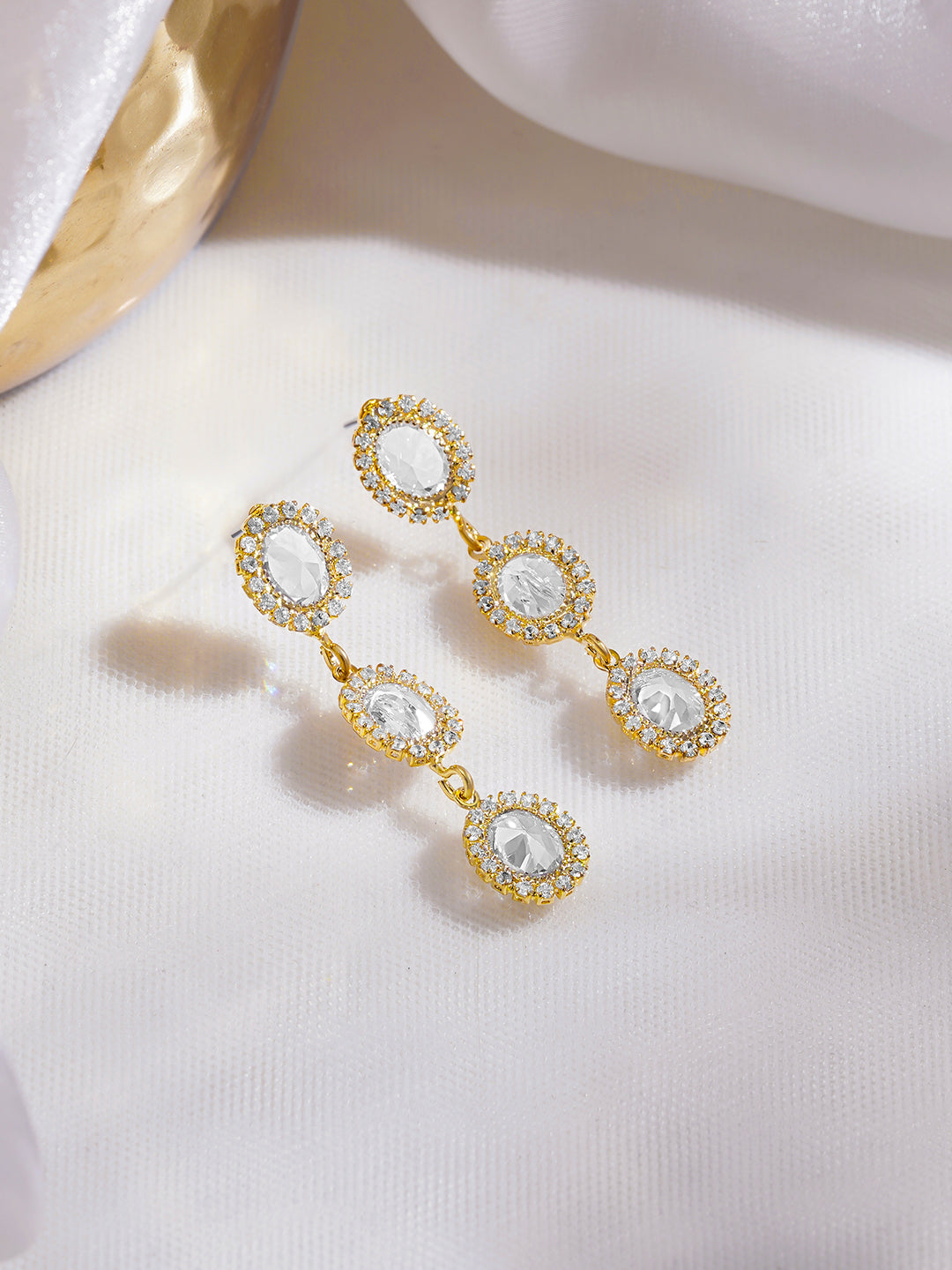 Rubans Voguish 18K Gold-Plated Clear Cubic Zirconia Triple Drop Dangler Earrings フリーサイズ