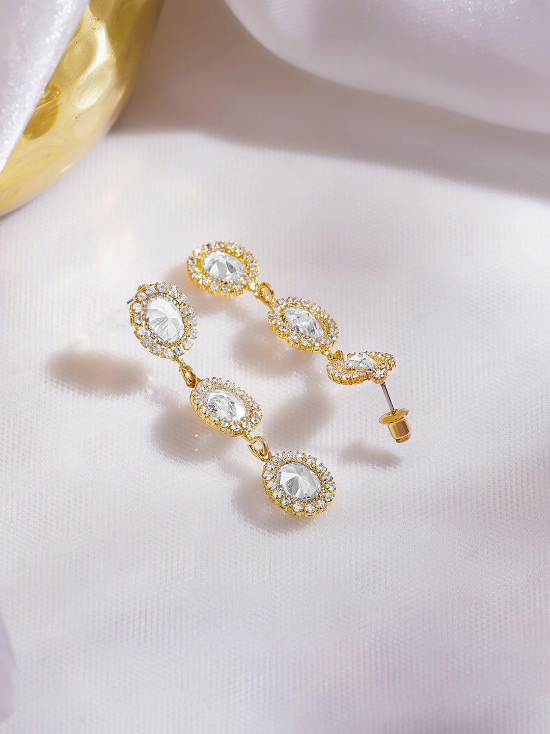 Rubans Voguish 18K Gold-Plated Clear Cubic Zirconia Triple Drop Dangler Earrings フリーサイズ