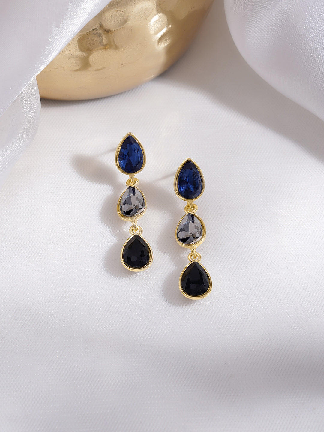 Rubans Voguish 18K Gold-Plated Blue Grey Black Zircon Triple Drop Earrings フリーサイズ