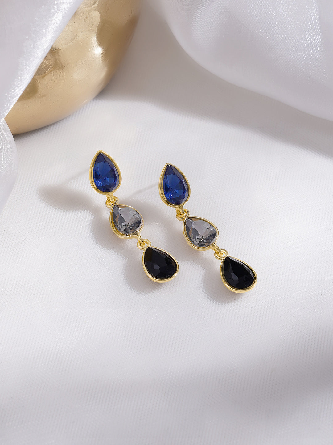 Rubans Voguish 18K Gold-Plated Blue Grey Black Zircon Triple Drop Earrings フリーサイズ