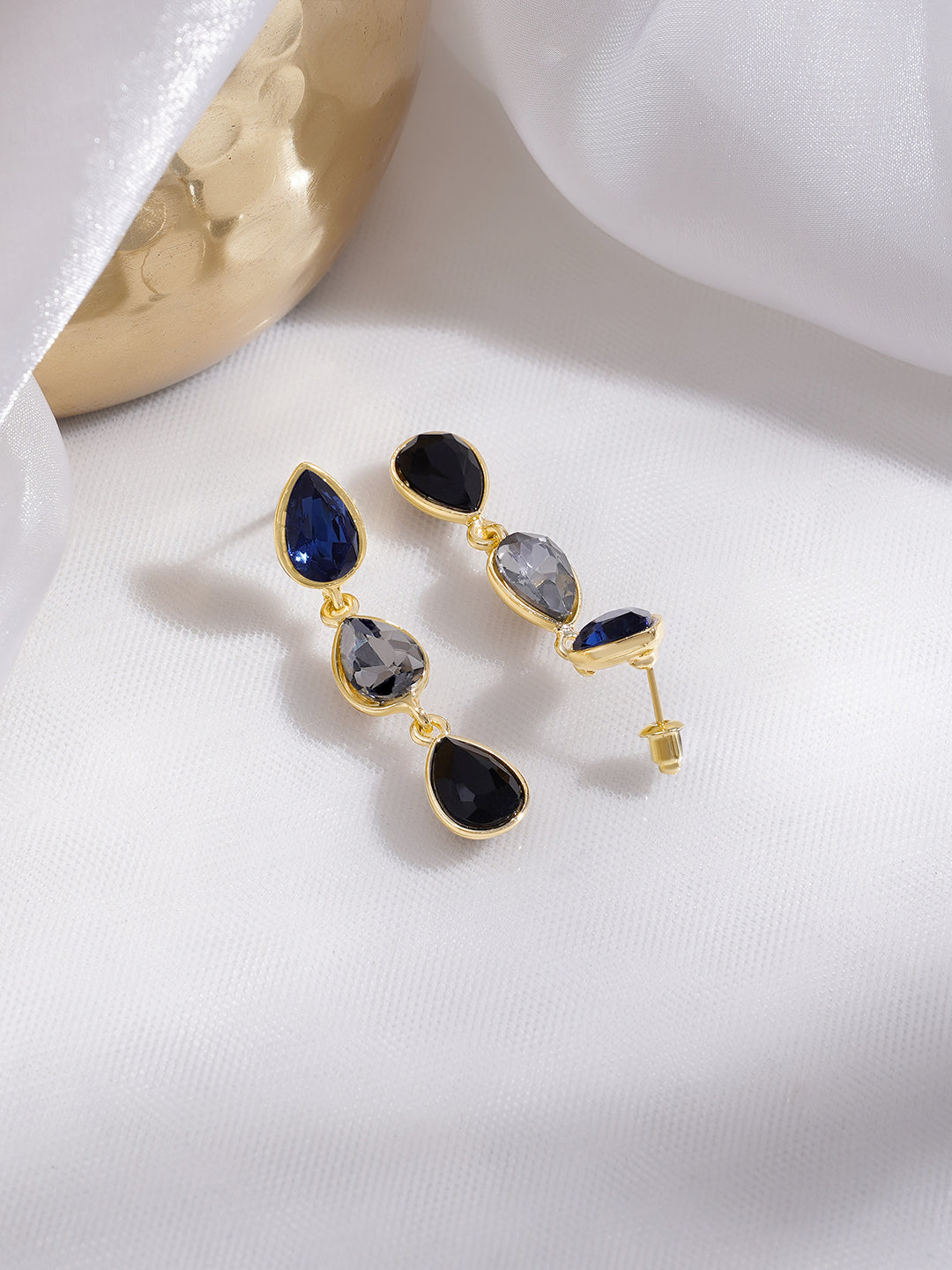Rubans Voguish 18K Gold-Plated Blue Grey Black Zircon Triple Drop Earrings フリーサイズ
