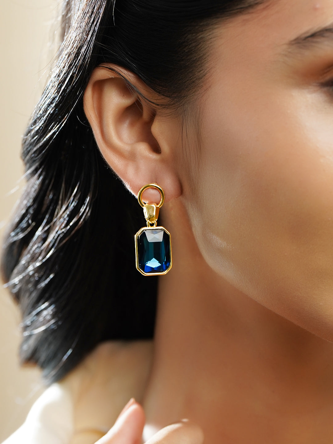 Rubans Voguish 18K Gold-Plated Blue Crystal Octagon-Cut Drop Earrings フリーサイズ