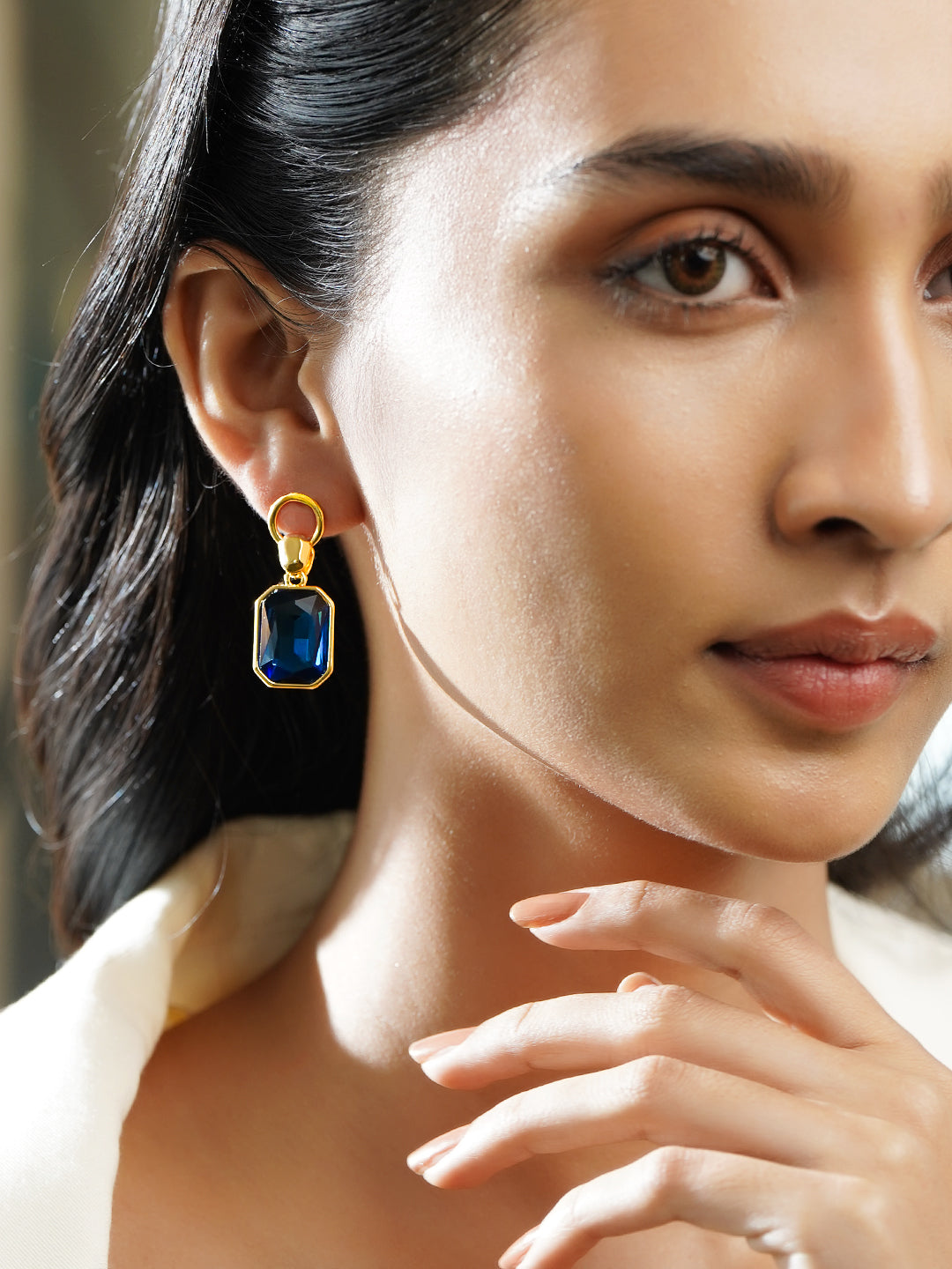 Rubans Voguish 18K Gold-Plated Blue Crystal Octagon-Cut Drop Earrings フリーサイズ