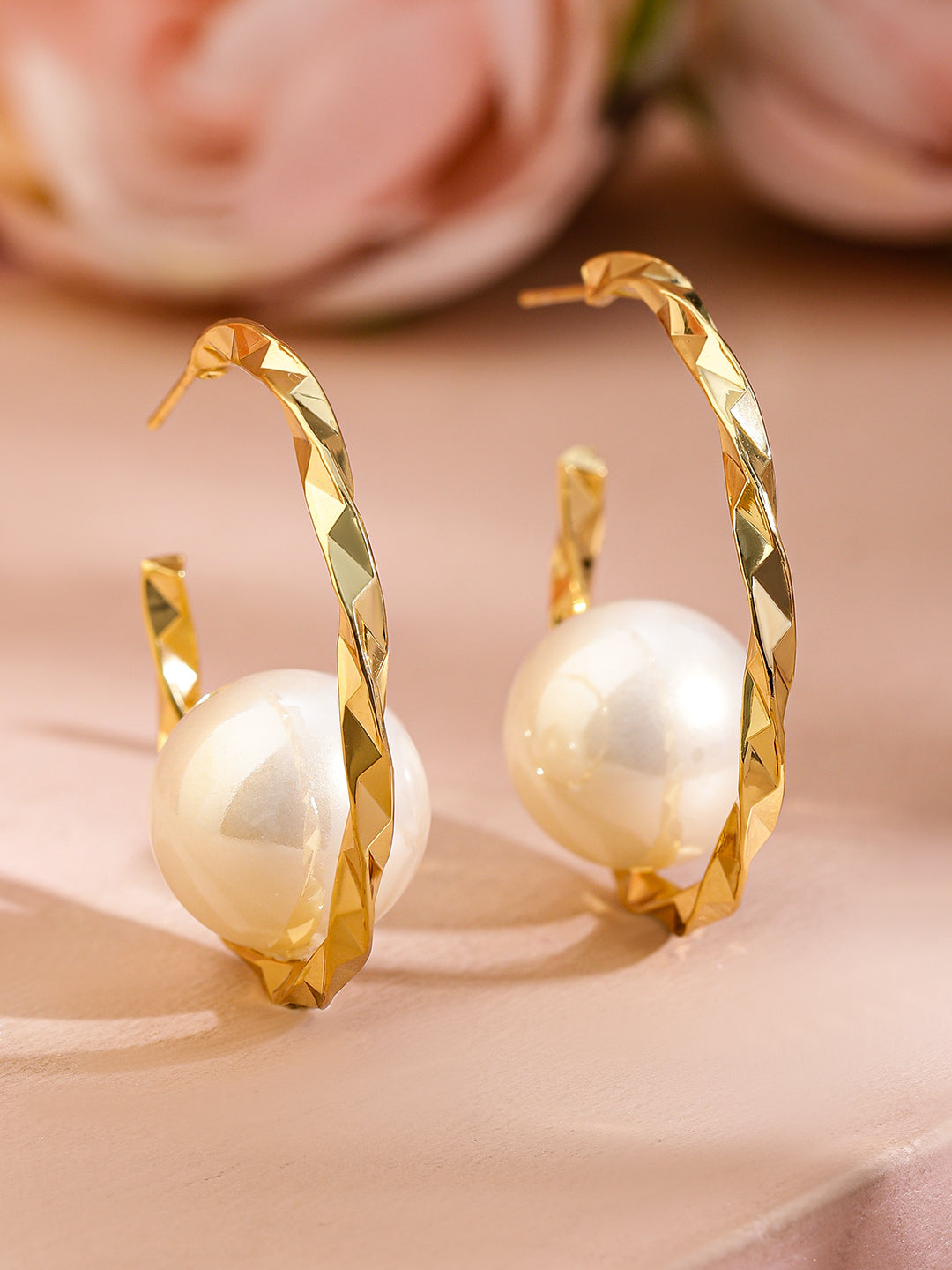 Sleek Golden Twist Pearl Hoops Gold