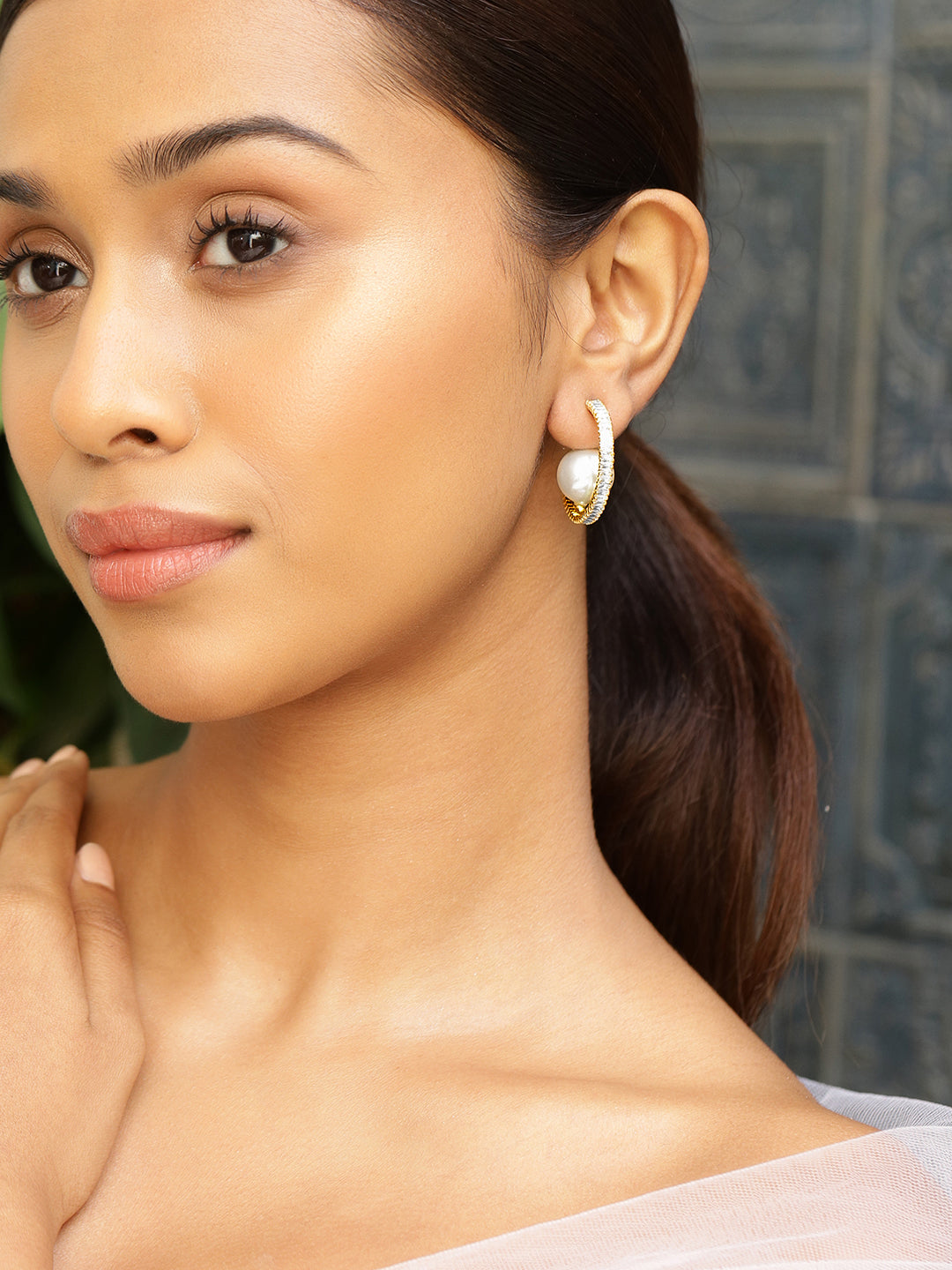 Adorned Pearl & American Diamond Zirconia Golden Hoops Gold